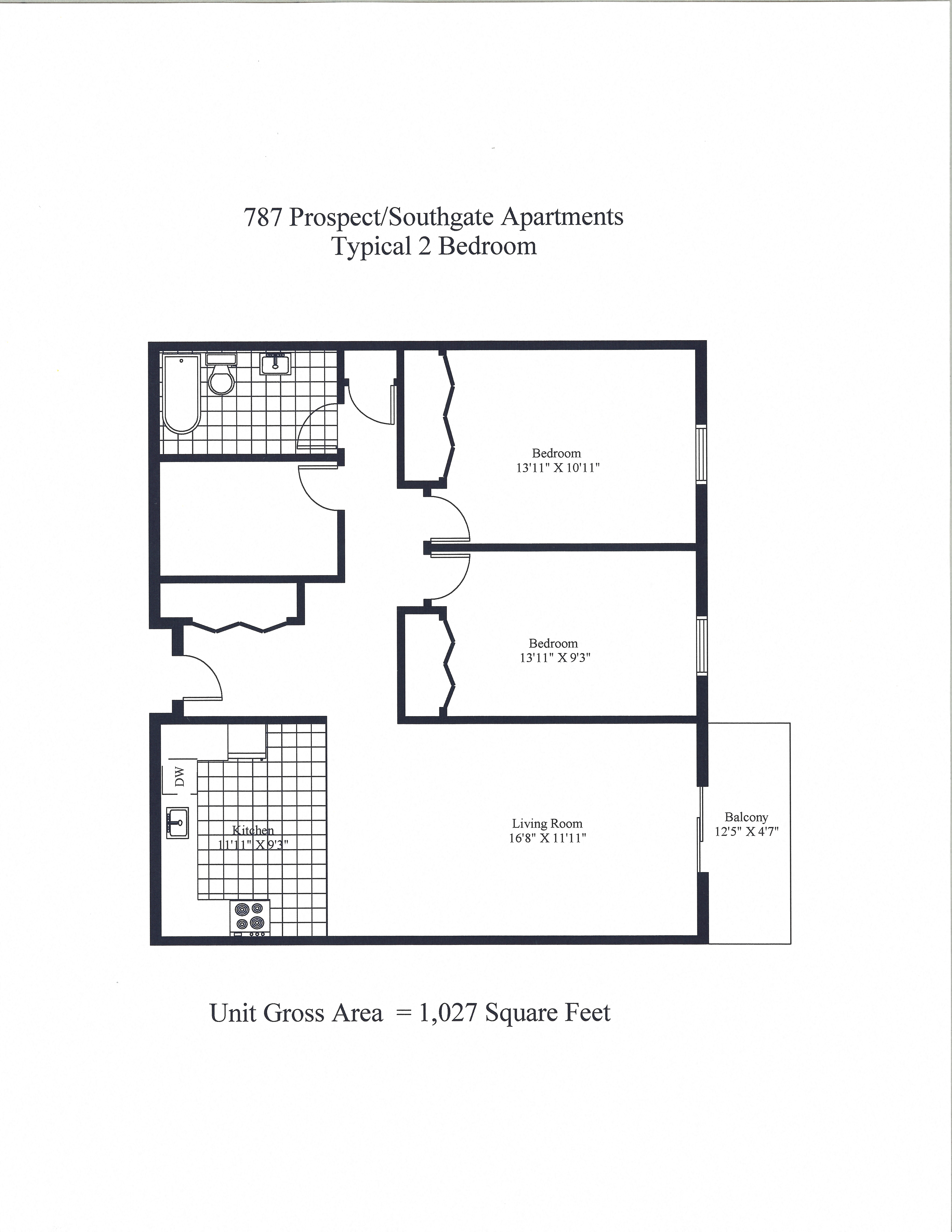 Floor plan for 2 beds, 1 bath, 1027 sqft